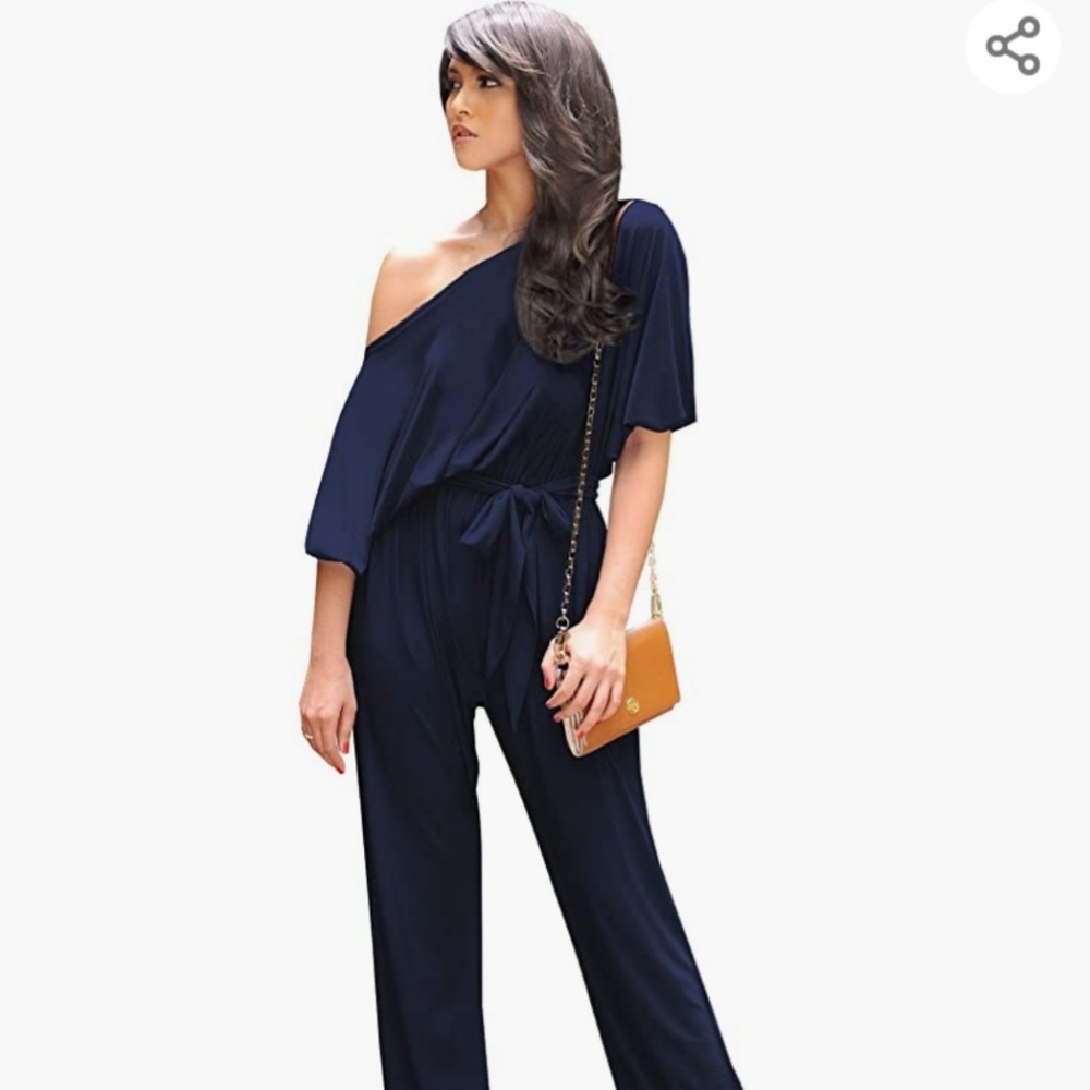 Off Shoulder shory sleeve 1 piece jumpsuit w/ belt